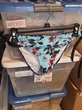 NEW ! Bikini One Pieces Bottom Side Strings Purple Flowers On Blue Size M